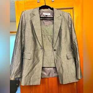 TAHARI Three-Piece Single Button Single Breasted Pinstriped Suit, Gray/White, 12